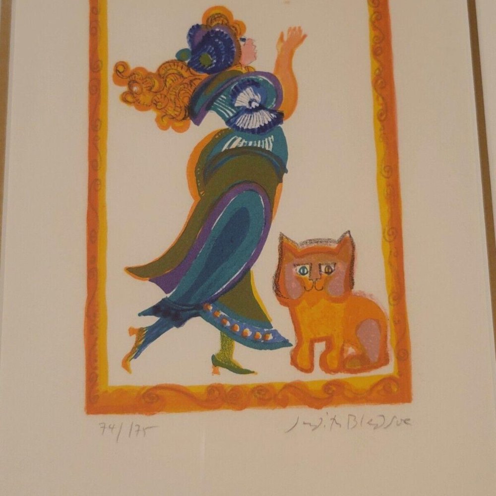 Judith Bledsoe Lady With Cat Signed Modern Lithograph 74/175 Framed Print